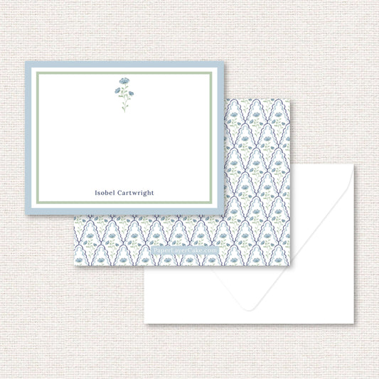 The Estelle Suite personalized flat note, a grand-millennial pattern of blue flowers with scalloped lattice