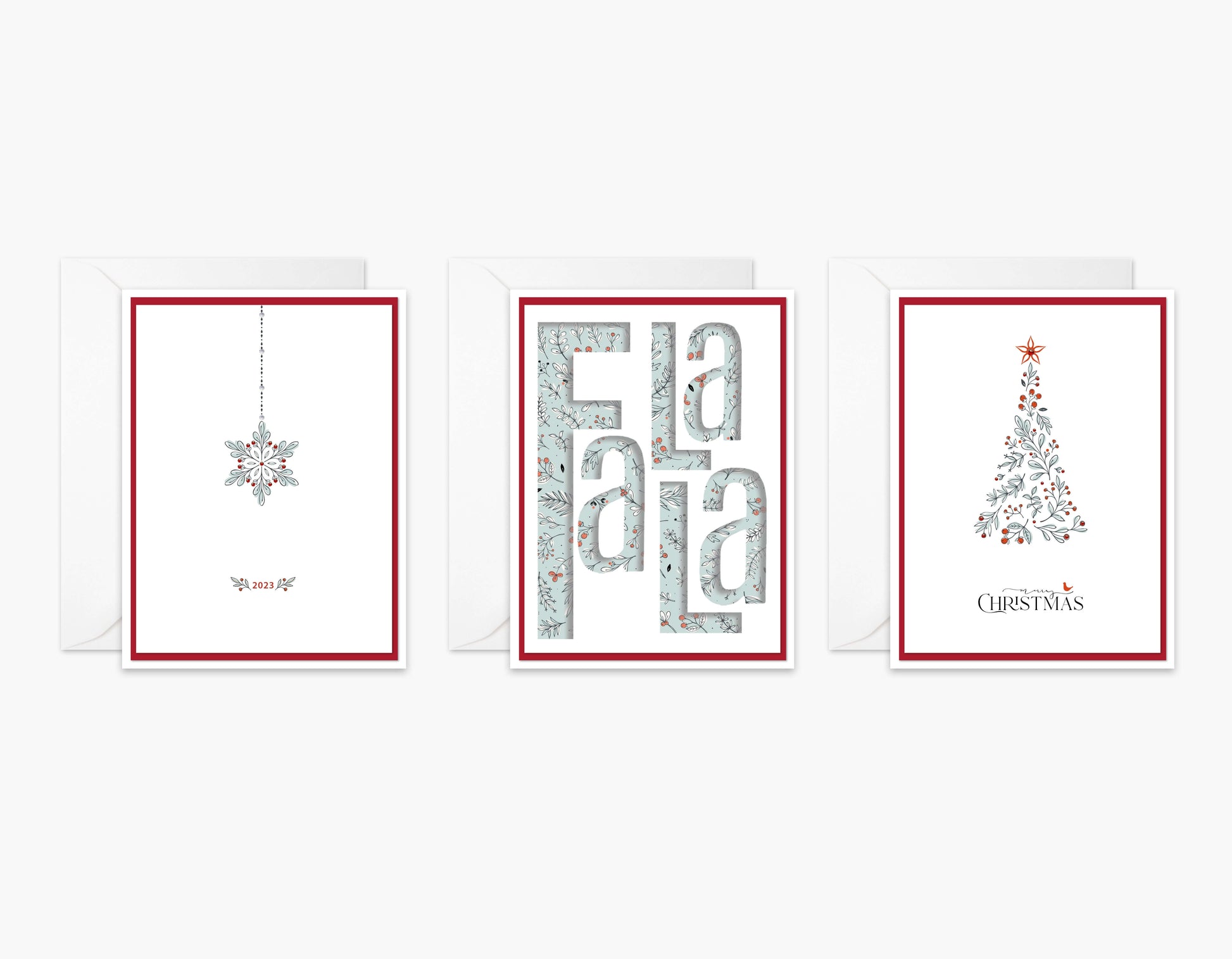 Set of 3 Christmas cards with festive reds and light blue. An ornament with crystals on the string, FaLaLa die cut, and a blue and red botanical Christmas tree