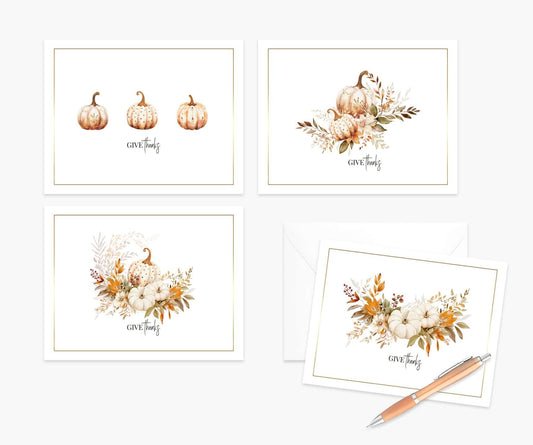Set of 4 Give Thanks cards with pumpkins decorated with gemstones and greenery