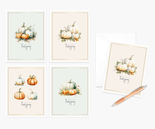 Set of 4 Thanksgiving cards with festive watercolor pumpkins