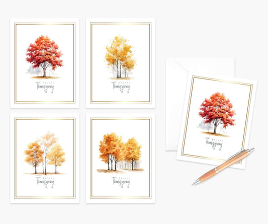 Set of 4 Thanksgiving cards with beautiful watercolor trees in autumn colors of red, yellow, and orange