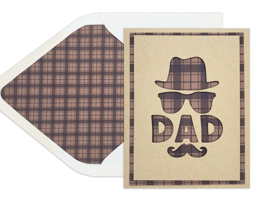 Father's Day Card that says "Dad" with a hat, sunglasses, and mustache die cut our of kraft card stock with a brown flannel background