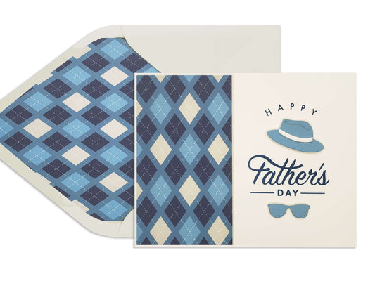 Happy Father's Day card with a blue argyle background, cream card stock with a die cut hat and sunglasses