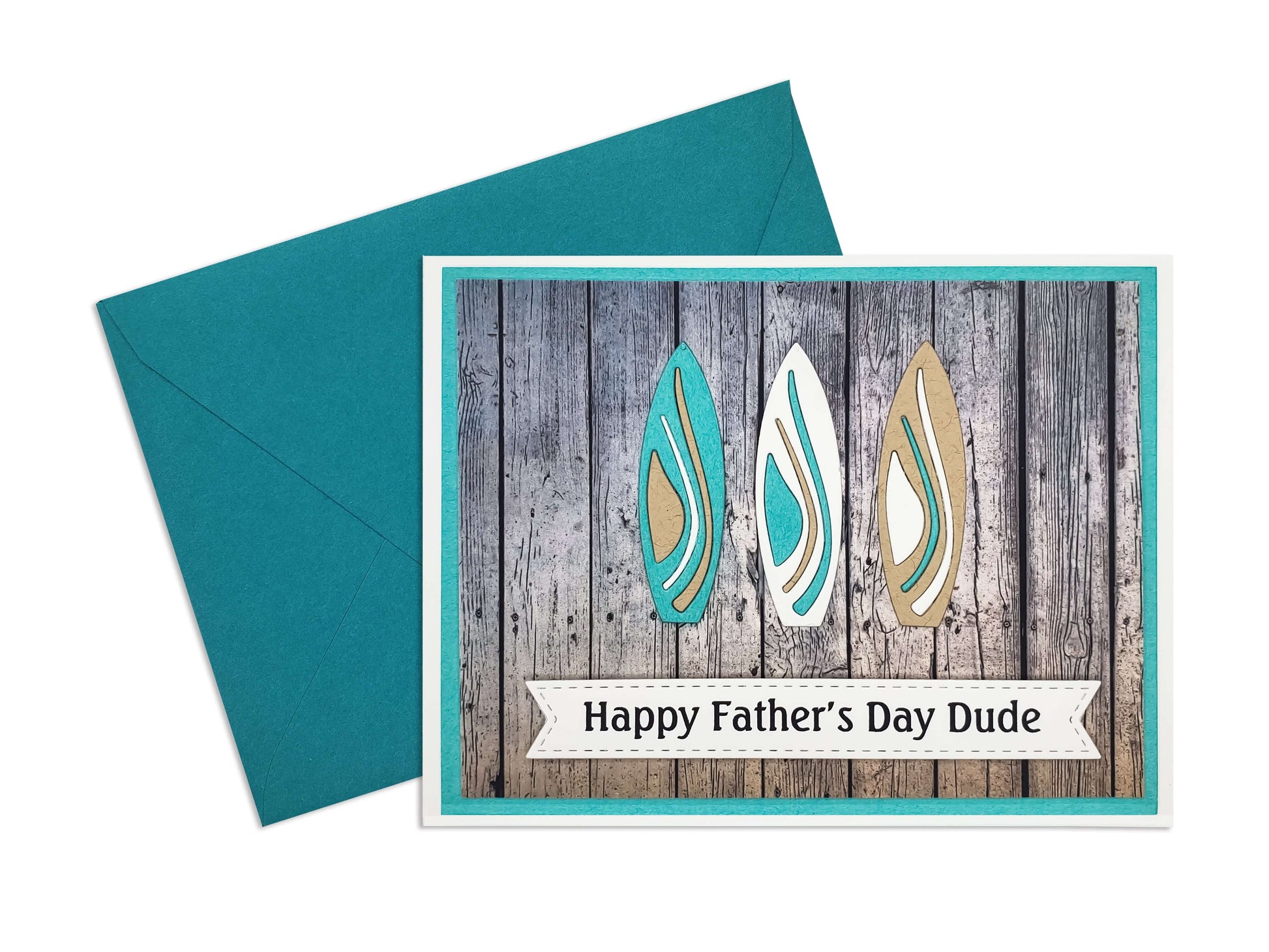 Father's Day die cut surf board A2 card with a greeting of "Happy Father's Day Dude"