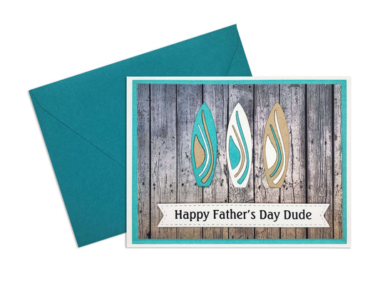 Father's Day die cut surf board A2 card with a greeting of "Happy Father's Day Dude"