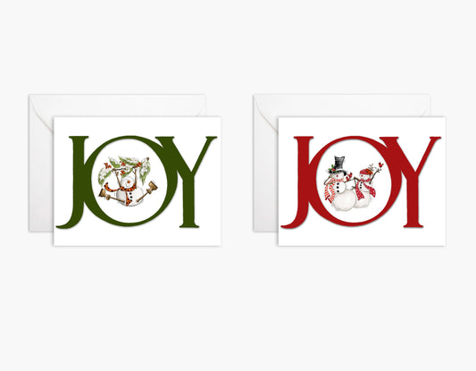 2 different die cut JOY Christmas cards with festive snowmen, one swinging from a snowy pine branch, the other, a couple, dancing