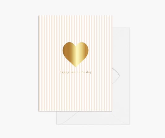 Happy Mother's Day with a large heart, all in gold foil on a background of vertical light pink stripes