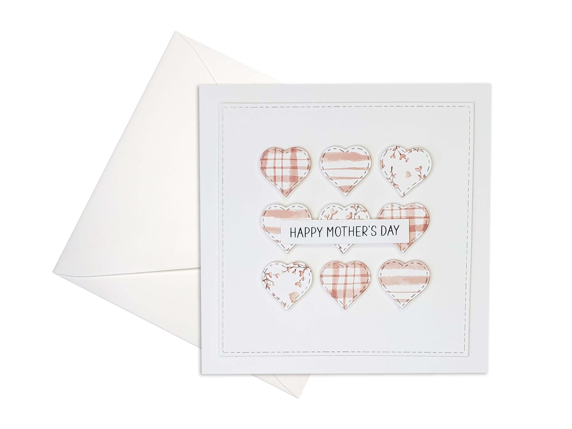 Happy Mothers Day card, square, with 9 hearts of different pink patterns of watercolor gingham, horizontal stripes and botanicals
