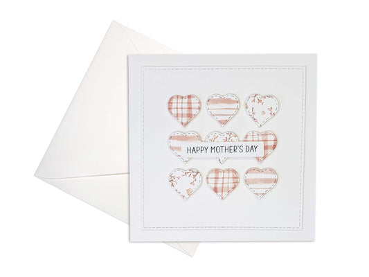 Happy Mothers Day card, square, with 9 hearts of different pink patterns of watercolor gingham, horizontal stripes and botanicals