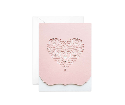Die cut pink lace heart Valentine's Day card with silver gems