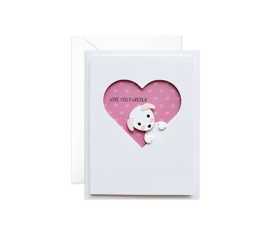 Die cut puppy peeking out of a heart saying "love you furever" Valentine's Day card
