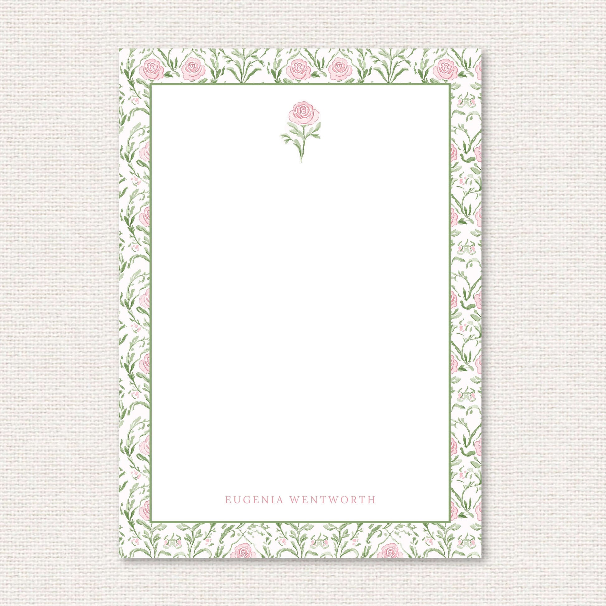 The Rosemary Suite personalized notepad, a grand-millennial pattern of pink roses and greenery