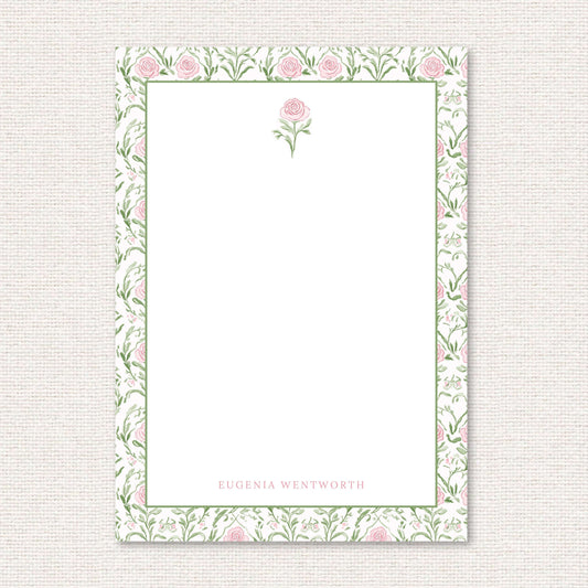 The Rosemary Suite personalized notepad, a grand-millennial pattern of pink roses and greenery