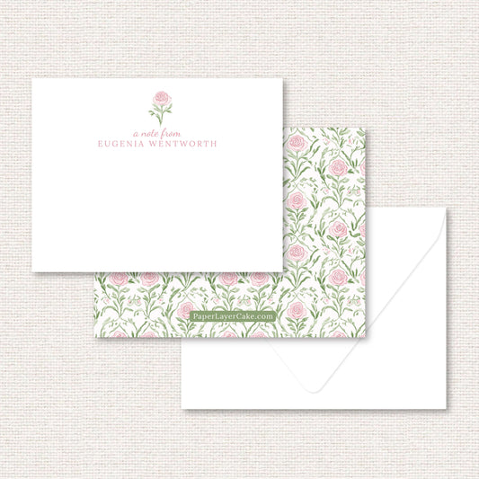 The Rosemary Suite personalized flat noted, a grand-millennial pattern of pink roses and greenery