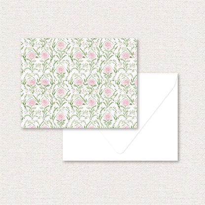 The Rosemary Suite standard note card, a grand-millennial pattern of pink roses and greenery