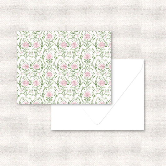 The Rosemary Suite standard note card, a grand-millennial pattern of pink roses and greenery