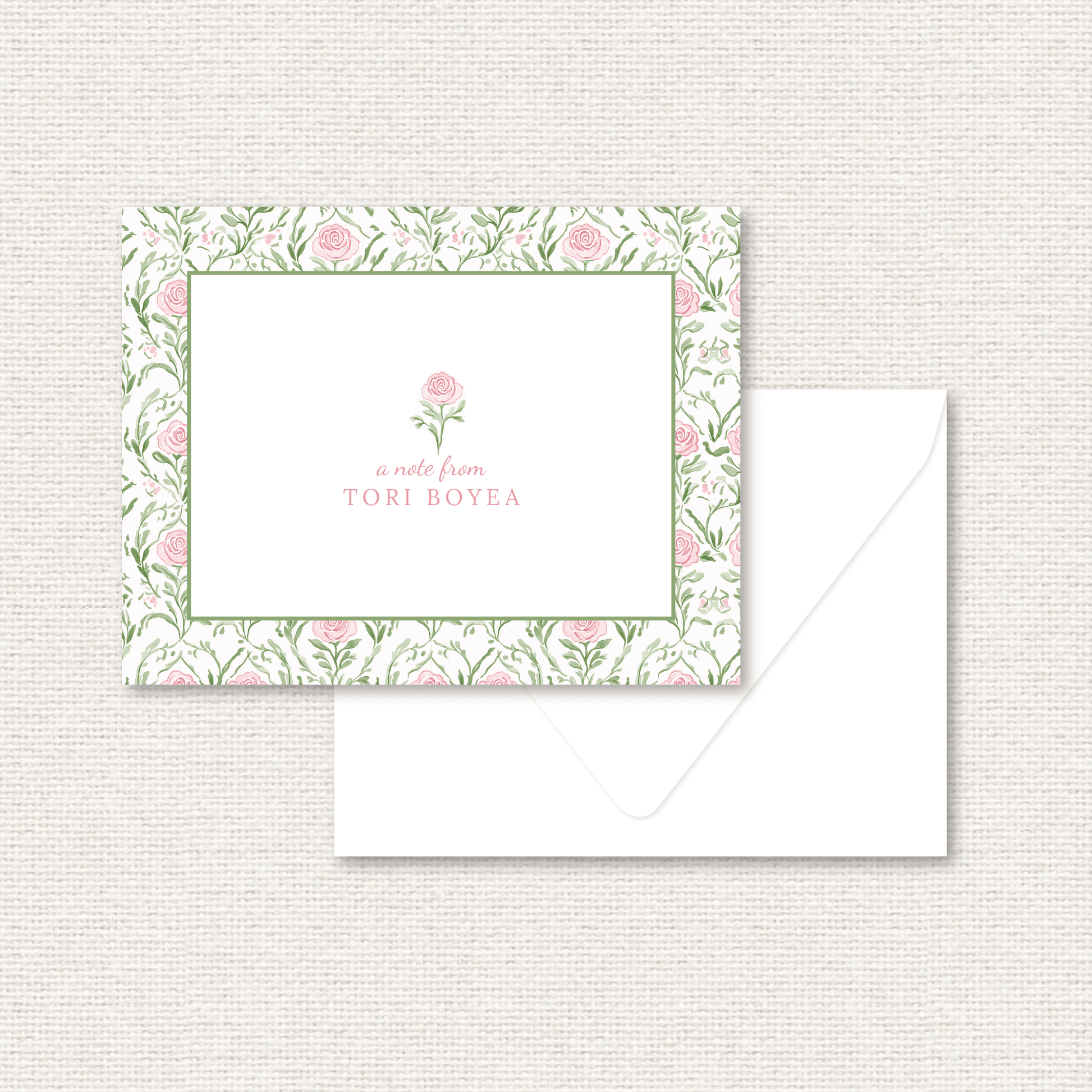 The Rosemary Suite personalized note card, a grand-millennial pattern of pink roses and greenery