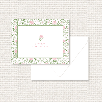 The Rosemary Suite personalized note card, a grand-millennial pattern of pink roses and greenery