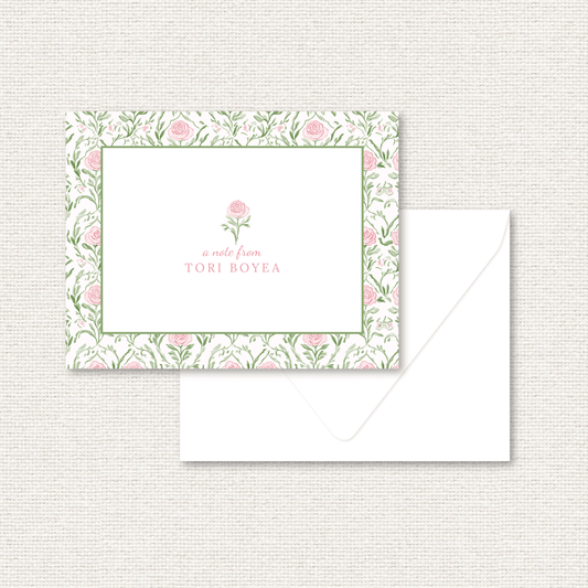 The Rosemary Suite personalized note card, a grand-millennial pattern of pink roses and greenery