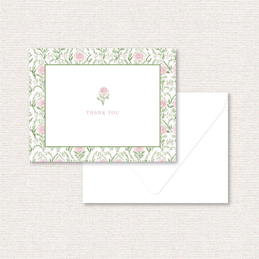 The Rosemary Suite thank you card, a grand-millennial pattern of pink roses and greenery