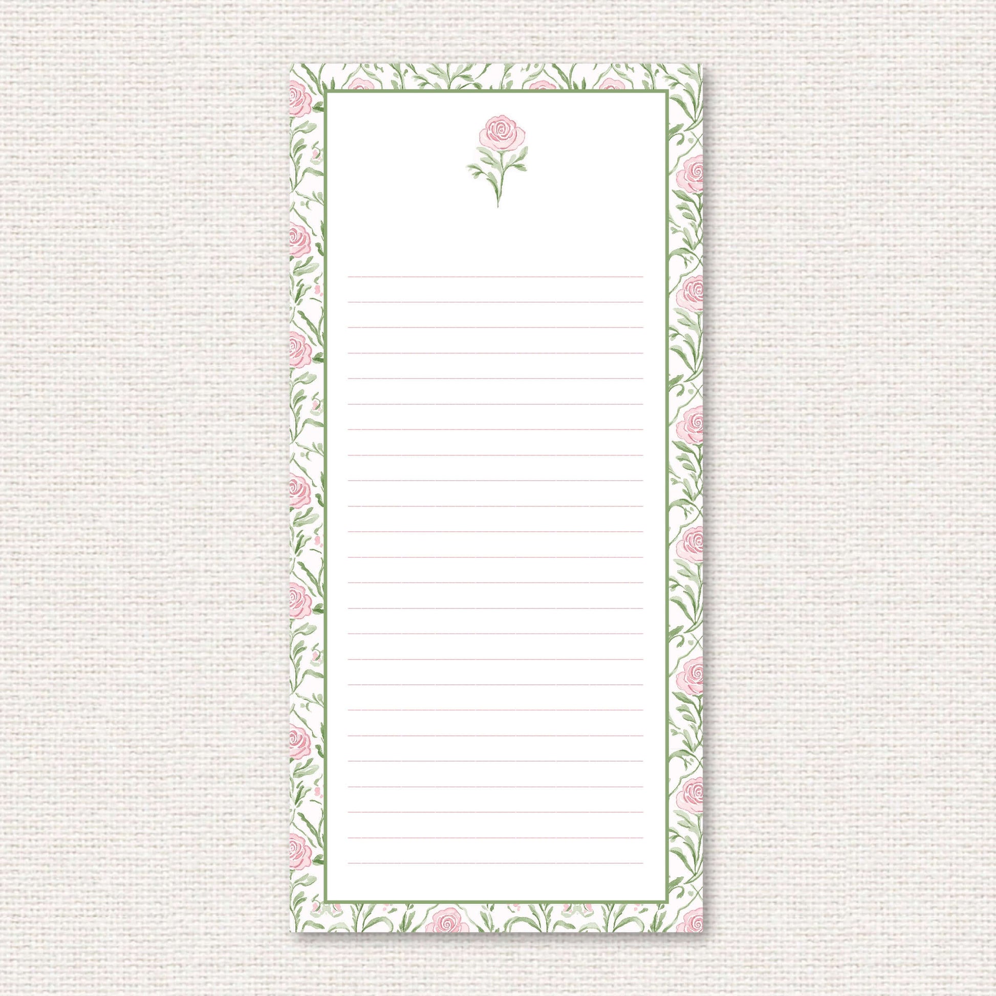 The Rosemary Suite list pad, a grand-millennial pattern of pink roses and greenery