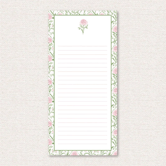 The Rosemary Suite list pad, a grand-millennial pattern of pink roses and greenery
