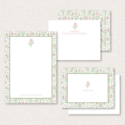 The Rosemary Suite gift set includes a grand-millennial pattern applied to a personalized notepad, personalized flat not, and thank you cards