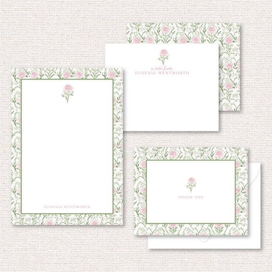 The Rosemary Suite gift set includes a grand-millennial pattern applied to a personalized notepad, personalized flat not, and thank you cards