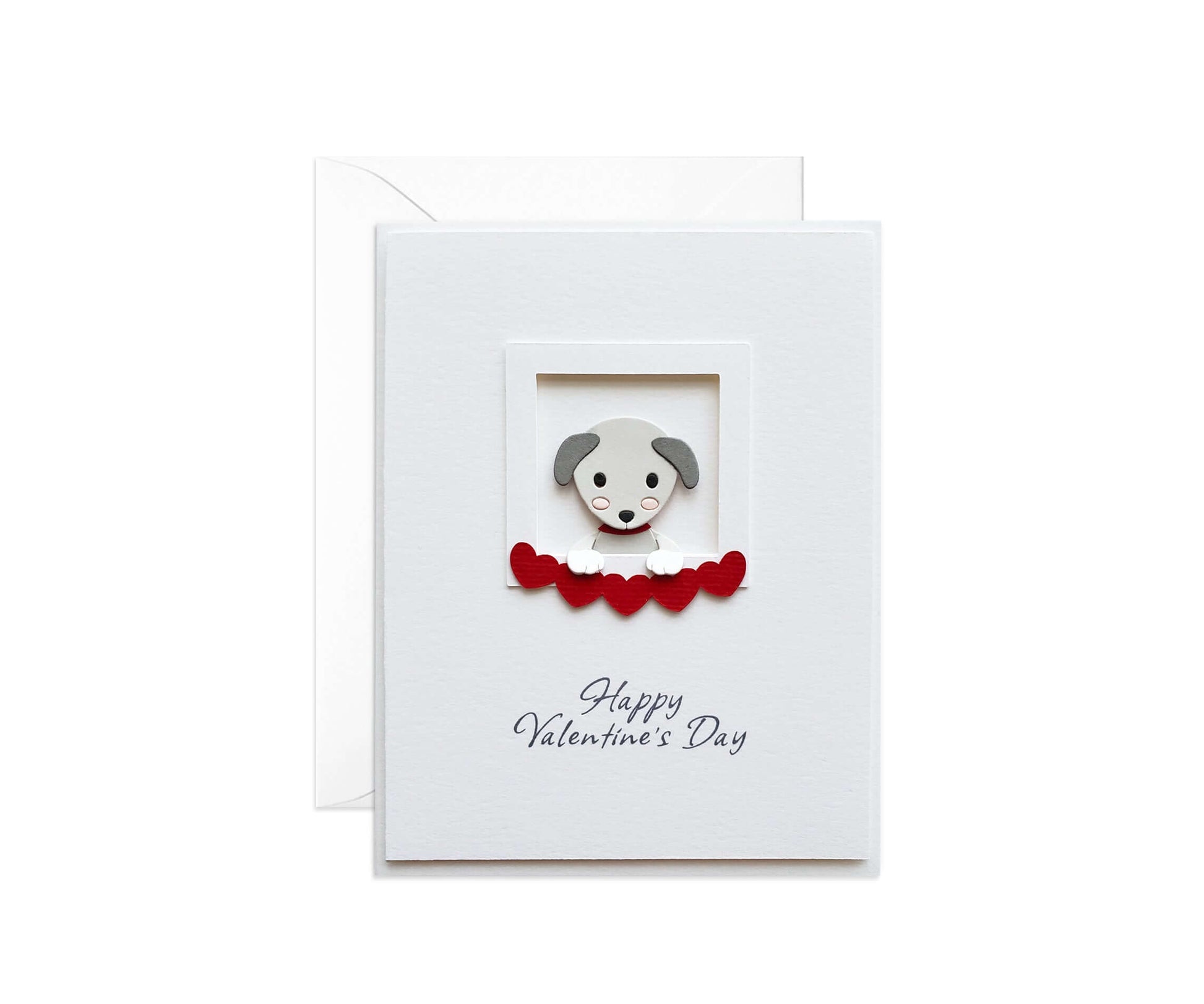 Die cut puppy in a window holding a heart banner, Happy Valentine's Day