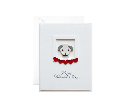 Die cut puppy in a window holding a heart banner, Happy Valentine's Day