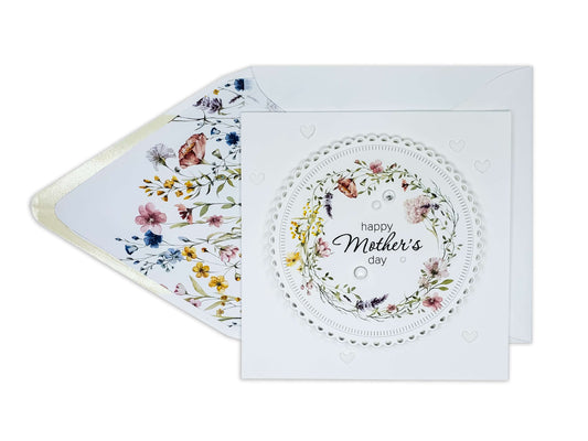 Happy Mother's Day square card with die cut circles and embossed hearts with a bright floral wreath