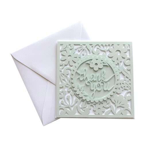 Intricate, floral die cut thank you card, light aqua, square card