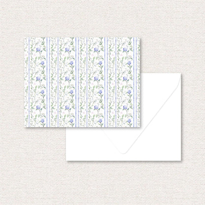The Eloise Suite standard note card, blue hydrangeas and pink flowers with dotted vertical lines