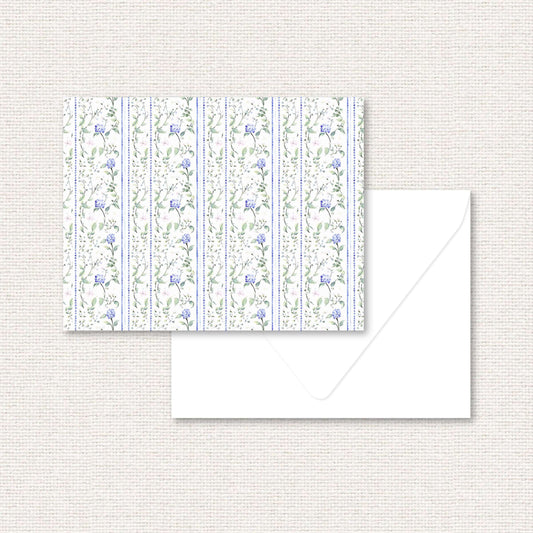 The Eloise Suite standard note card, blue hydrangeas and pink flowers with dotted vertical lines