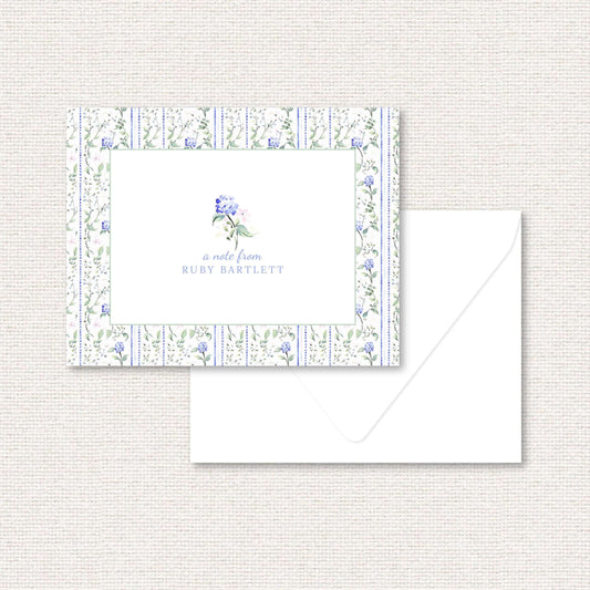 The Eloise Suite personalized note card, blue hydrangeas and pink flowers with dotted vertical lines