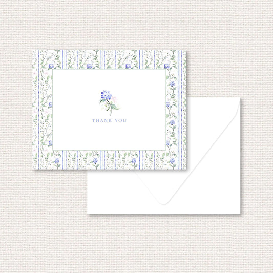 The Eloise Suite thank you card, blue hydrangeas and pink flowers with dotted vertical lines