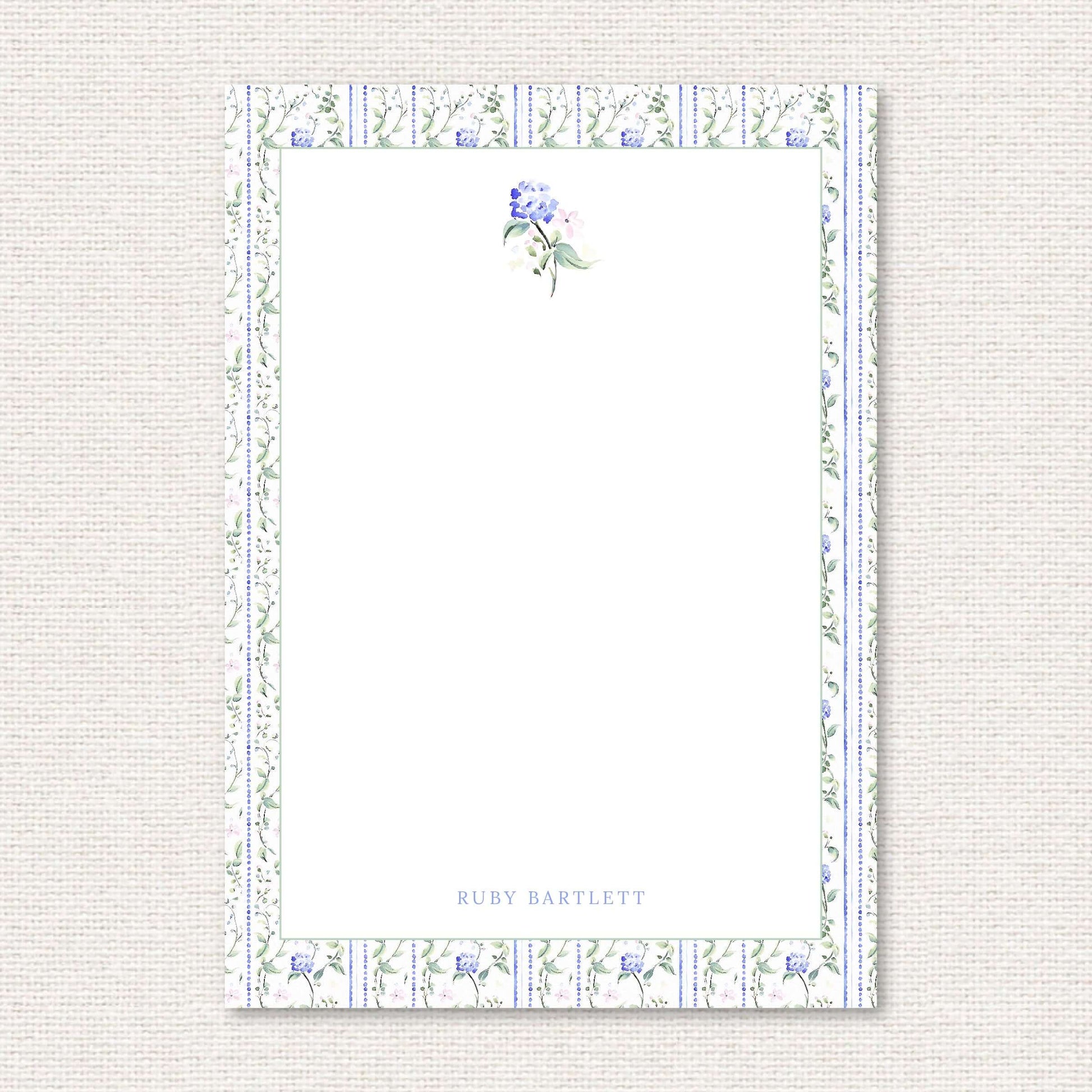 The Eloise Suite personalized notepad, blue hydrangeas and pink flowers with dotted vertical lines