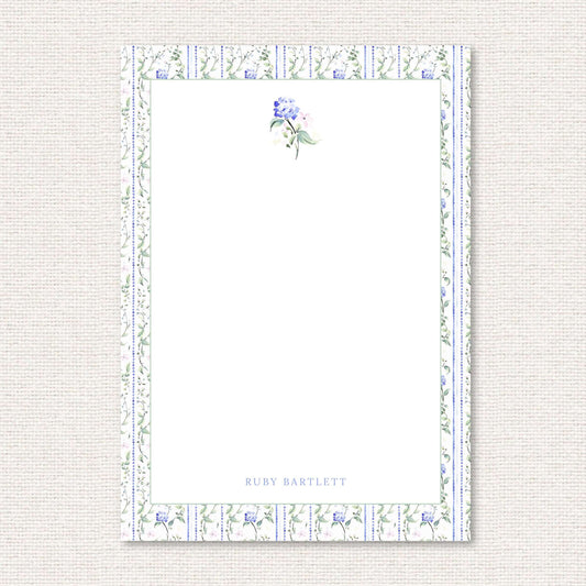 The Eloise Suite personalized notepad, blue hydrangeas and pink flowers with dotted vertical lines