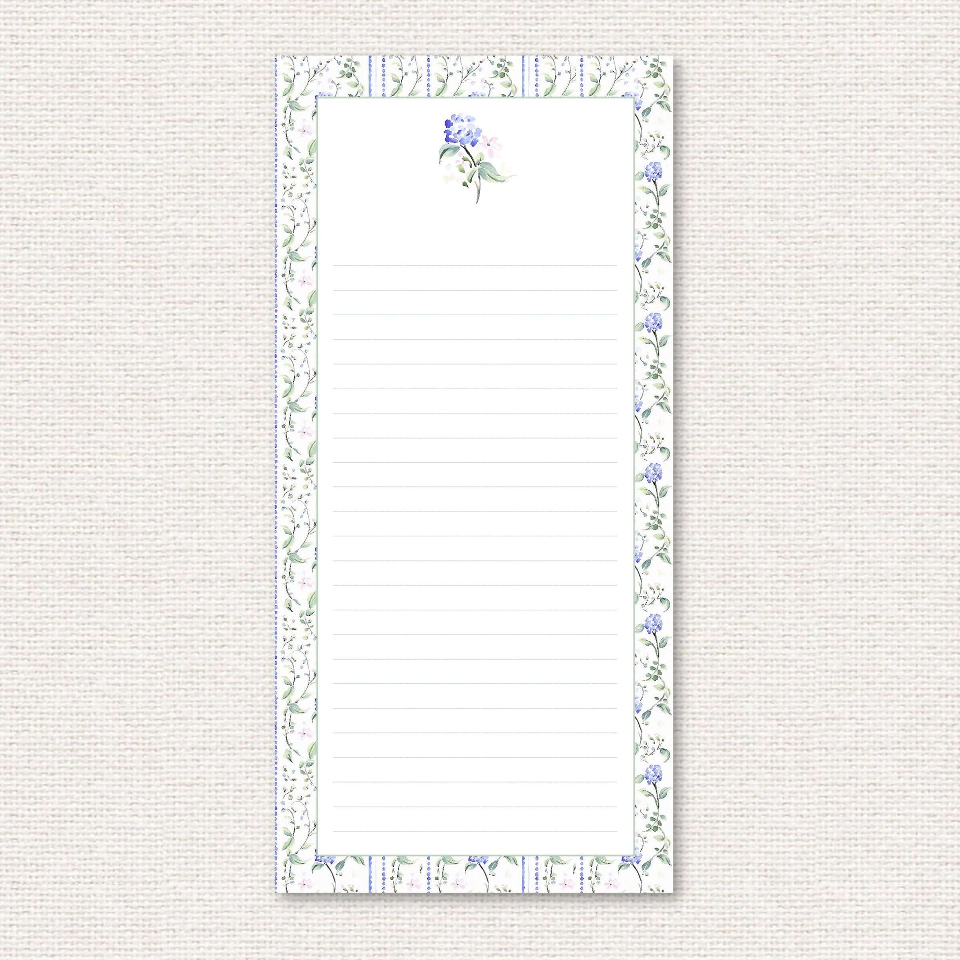The Eloise Suite list pad, blue hydrangeas and pink flowers with dotted vertical lines