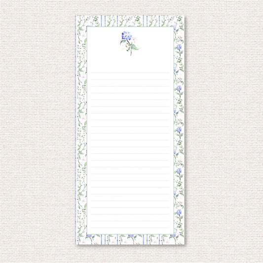 The Eloise Suite list pad, blue hydrangeas and pink flowers with dotted vertical lines
