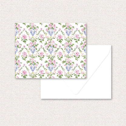 The Daphne Suite standard note card, a grand-millennial pattern of pink and blue flowers in a blue vase