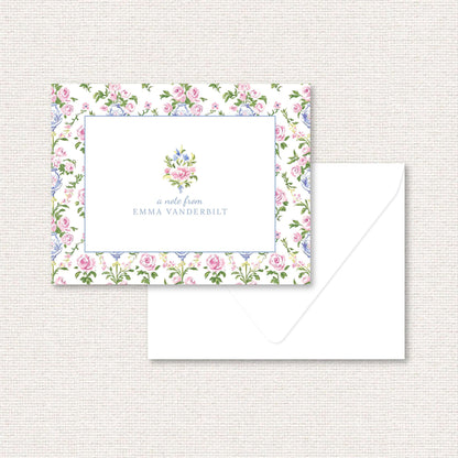 The Daphne Personalized note card, a grand-millennial pattern of pink and blue flowers in a blue vase