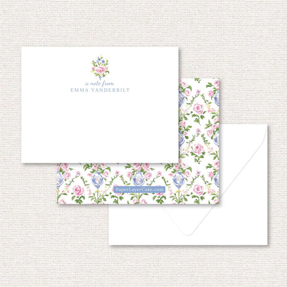 The Daphne flat note, a grand-millennial pattern of pink and blue flowers in a blue vase