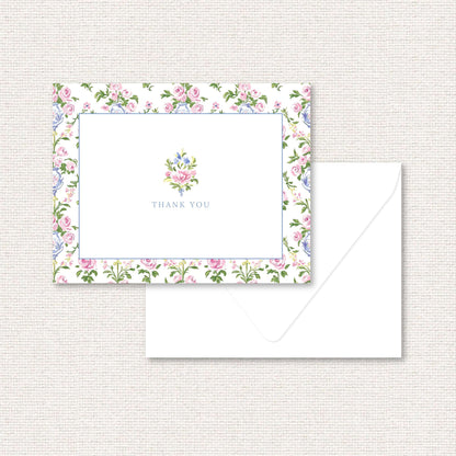 The Daphne thank you card, a grand-millennial pattern of pink and blue flowers in a blue vase