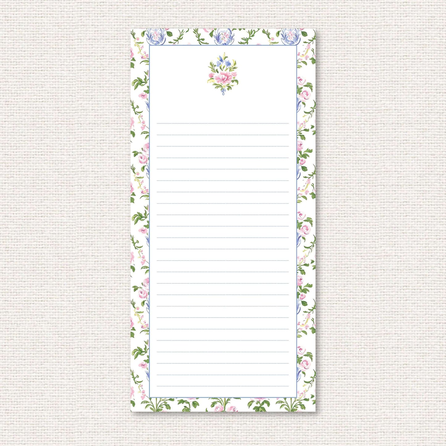 The Daphne Suite list pad, a grand-millennial pattern of pink and blue flowers in a blue vase
