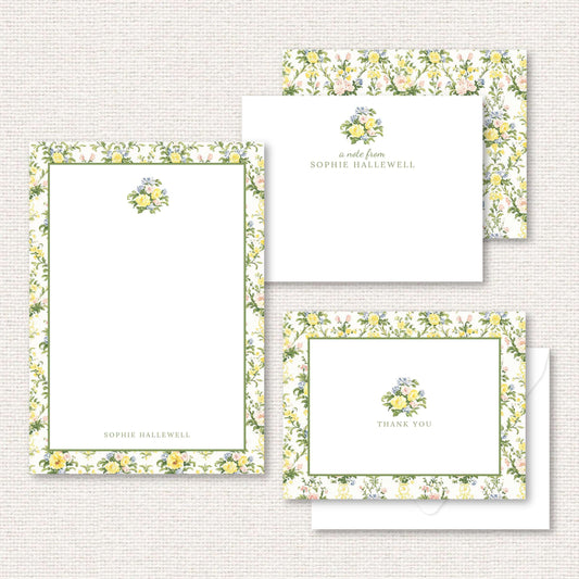 The Penelope Suite gift set, a grand-millennial pattern of yellow, blue, and pink rose damask