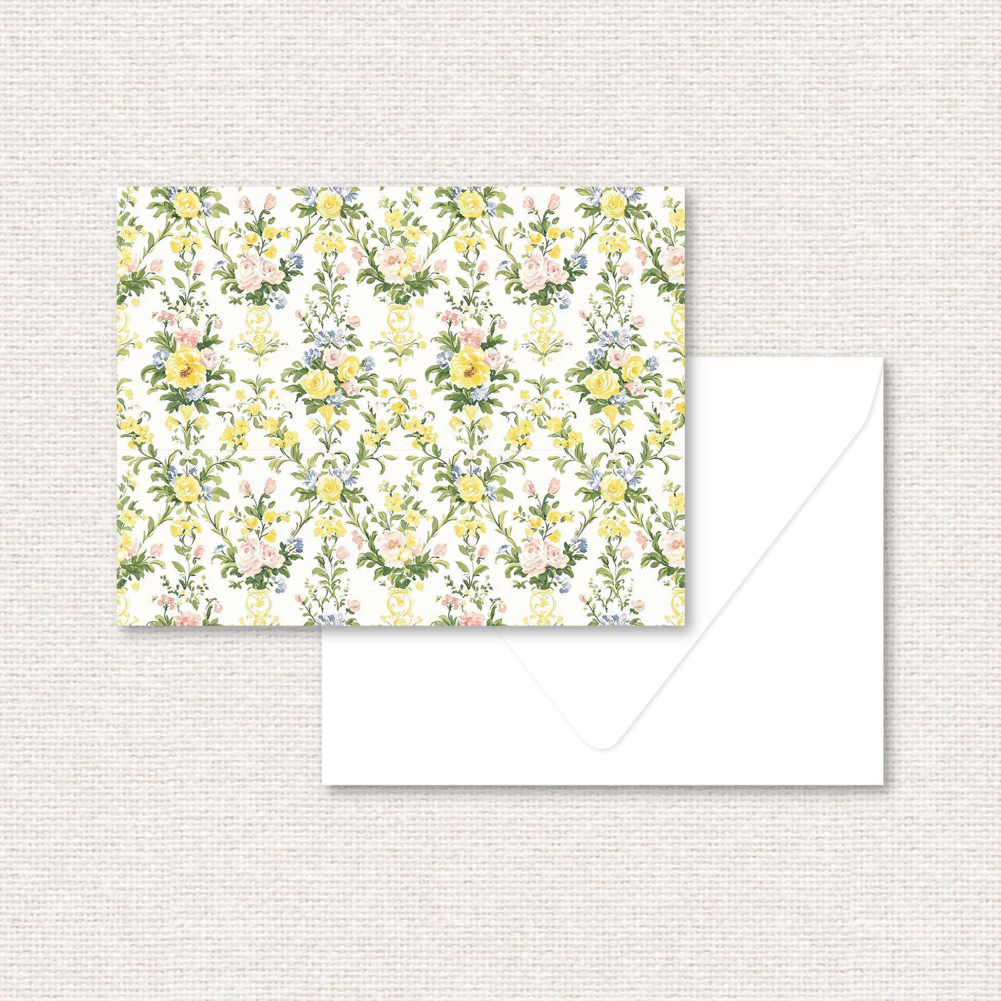 The Penelope Suite personalized standard note card, a grand-millennial pattern of yellow, blue, and pink rose damask