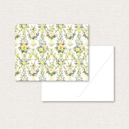 The Penelope Suite personalized standard note card, a grand-millennial pattern of yellow, blue, and pink rose damask