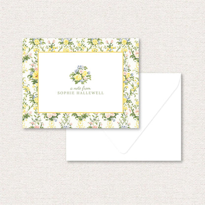 The Penelope Suite personalized note card, a grand-millennial pattern of yellow, blue, and pink rose damask