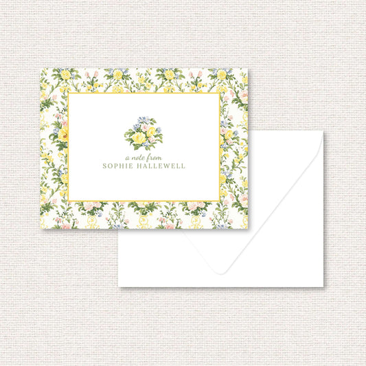 The Penelope Suite personalized note card, a grand-millennial pattern of yellow, blue, and pink rose damask